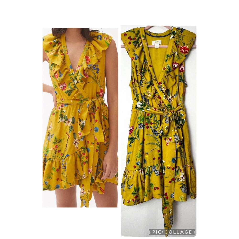 Floral Ruffle Wrap Dress in Mustard Yellow
